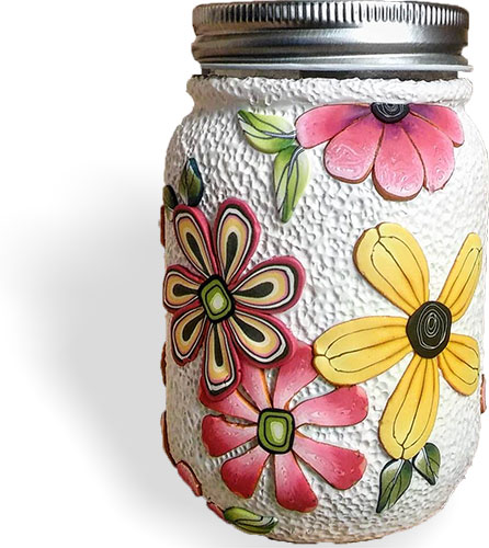 Pamela Carmen's big florals cover a jar in a hurry on PolymerClayDaily.com Pamela Carmen's big florals cover a jar in a hurry on PolymerClayDaily.com