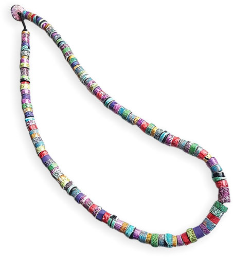 Janet Bouey strings many design decisions into a visually rich necklace on PolymerClayDaily.com